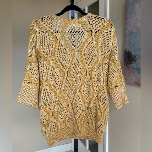 BKE Buckle Open Knit V Neck Oversized Sweater Mustard Yellow Women’s Large Fall - Picture 2 of 4